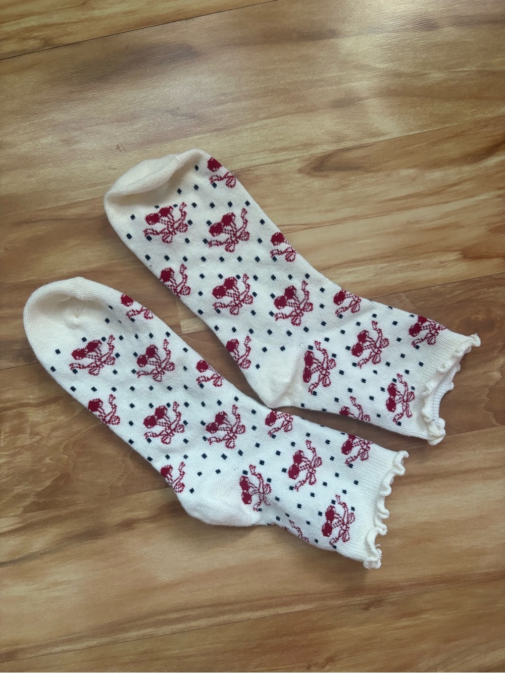 American Eagle Outfitters Cream Crew Socks with Red Floral Motif